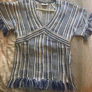 Tory Burch Blue and White Fringe Sweater-Top